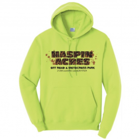 Neon Yellow Hoodie with Mud Splat Haspin Acres Logo